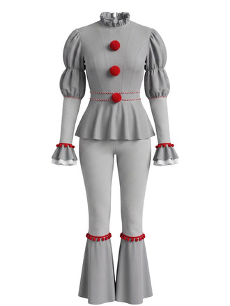 Ensemble 2 pièces rouge de clown avec haut à pompons et volants et pantalon années 1950