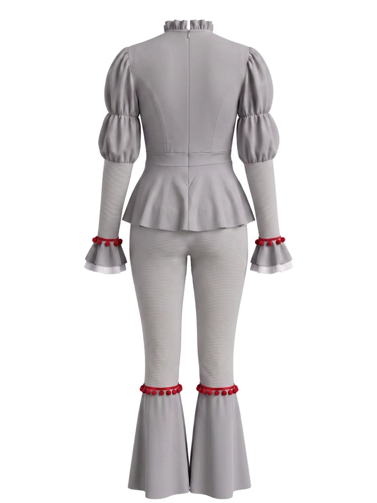 Ensemble 2 pièces rouge de clown avec haut à pompons et volants et pantalon années 1950
