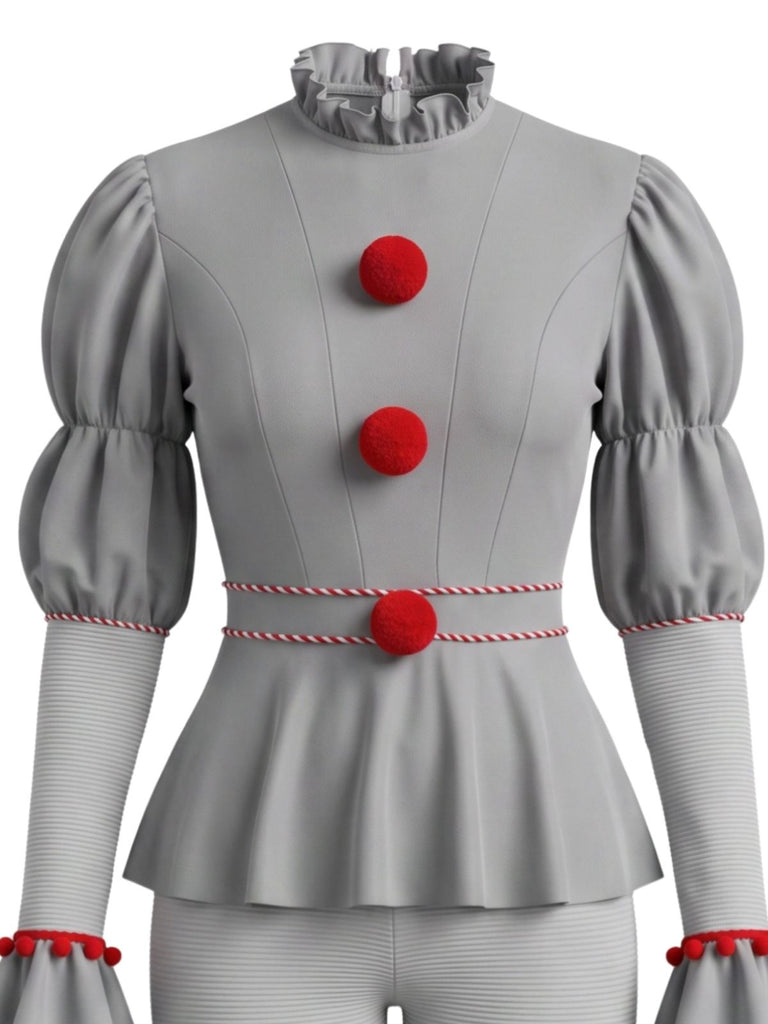Ensemble 2 pièces rouge de clown avec haut à pompons et volants et pantalon années 1950