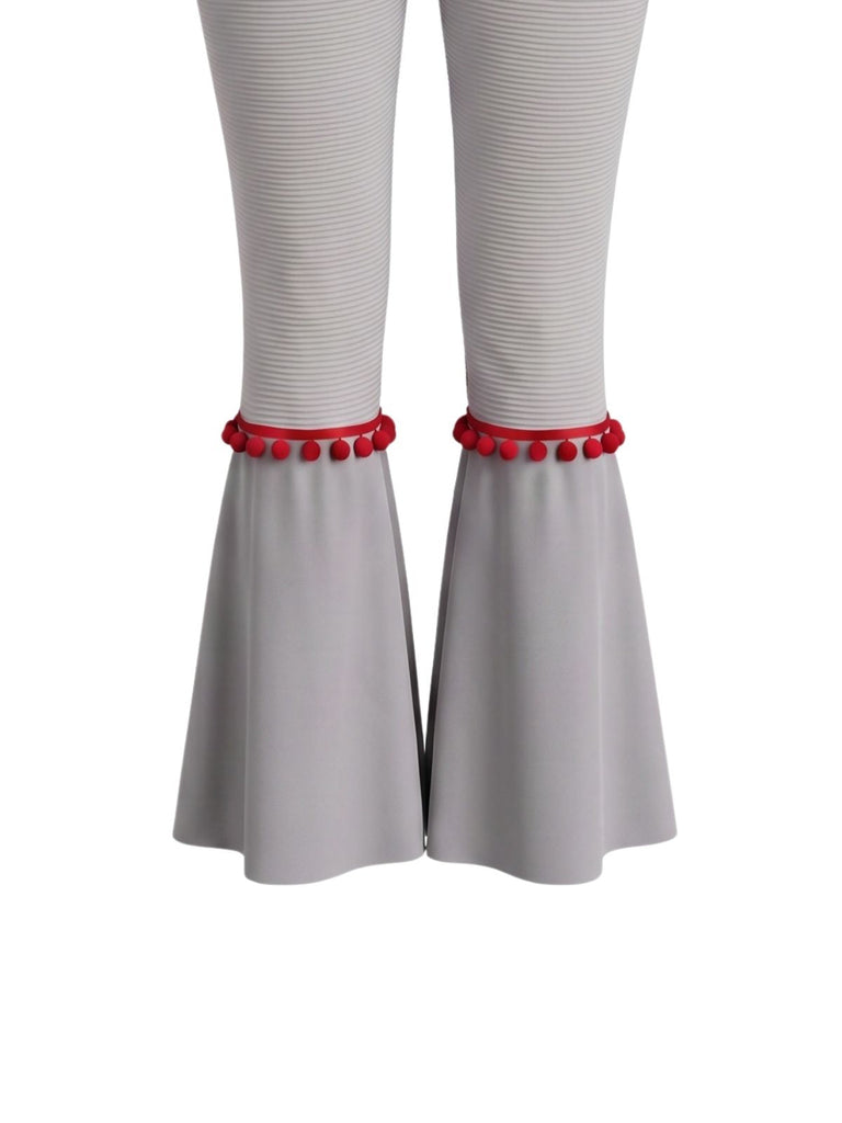 Ensemble 2 pièces rouge de clown avec haut à pompons et volants et pantalon années 1950