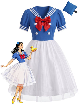 Robe Blanc et Bleu Halloween Nautique Marin Cosplay Ensemble Années 1950