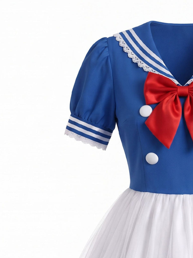 Robe Blanc et Bleu Halloween Nautique Marin Cosplay Ensemble Années 1950