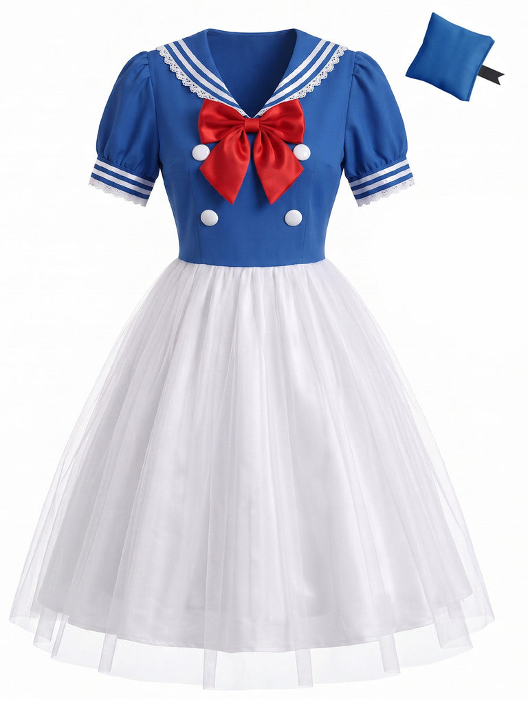 Robe Blanc et Bleu Halloween Nautique Marin Cosplay Ensemble Années 1950
