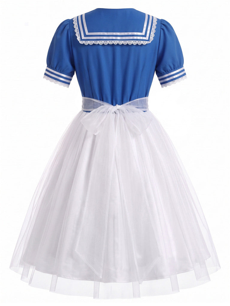 Robe Blanc et Bleu Halloween Nautique Marin Cosplay Ensemble Années 1950