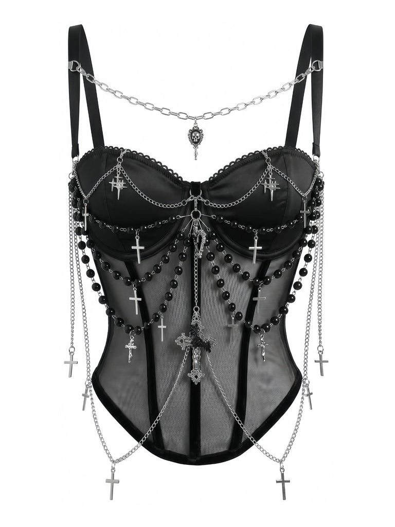 Tops Noir Gothique Croix Chaînes Perlé Corset Top Années 1980