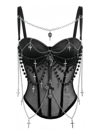 Tops Noir Gothique Croix Chaînes Perlé Corset Top Années 1980