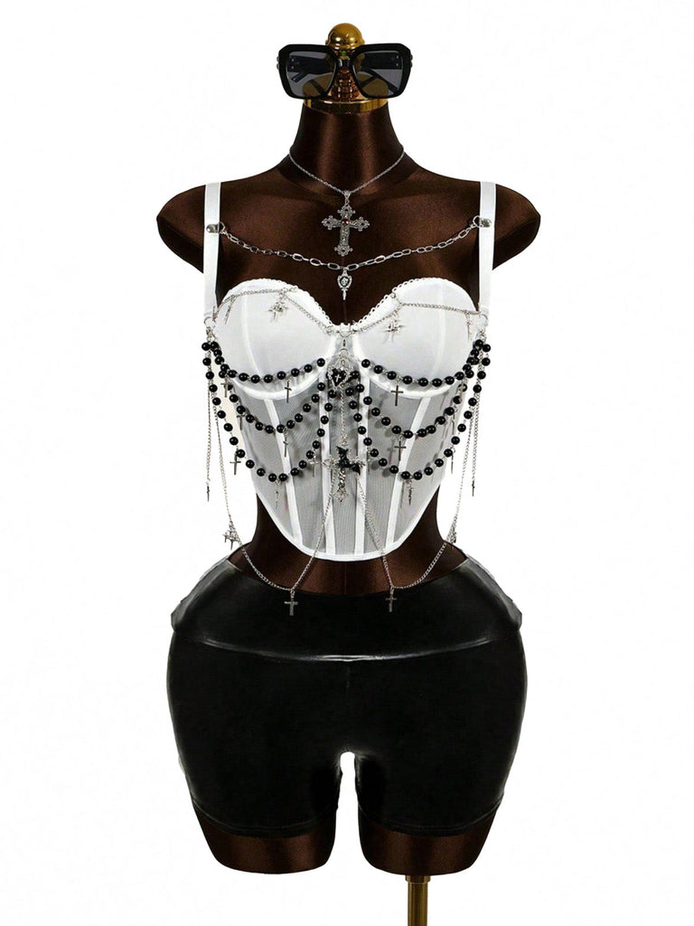 Tops Noir Gothique Croix Chaînes Perlé Corset Top Années 1980