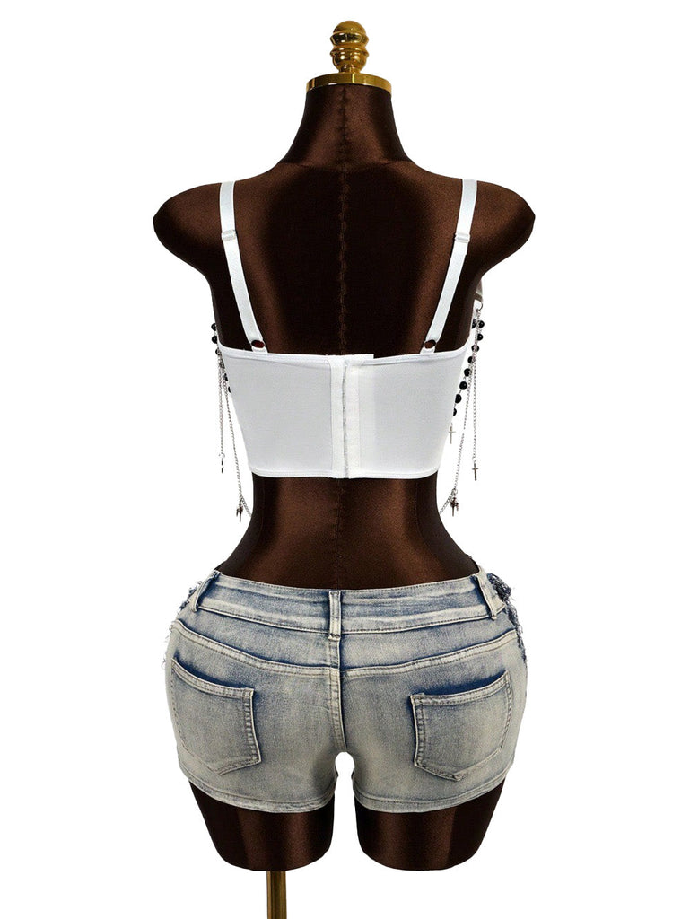 Tops Noir Gothique Croix Chaînes Perlé Corset Top Années 1980