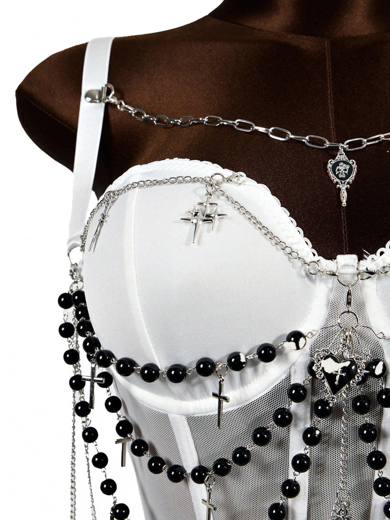 Tops Noir Gothique Croix Chaînes Perlé Corset Top Années 1980