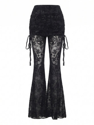Pantalon évasé noir froncé avec effet jupe en dentelle années 1970