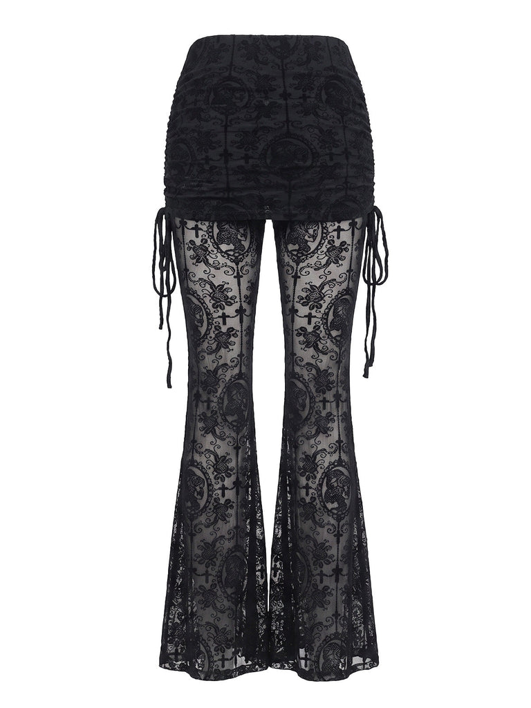 Pantalon évasé noir froncé avec effet jupe en dentelle années 1970