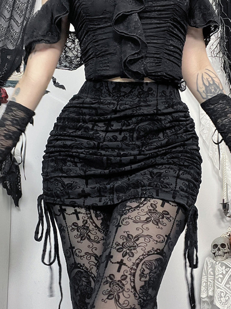Pantalon évasé noir froncé avec effet jupe en dentelle années 1970