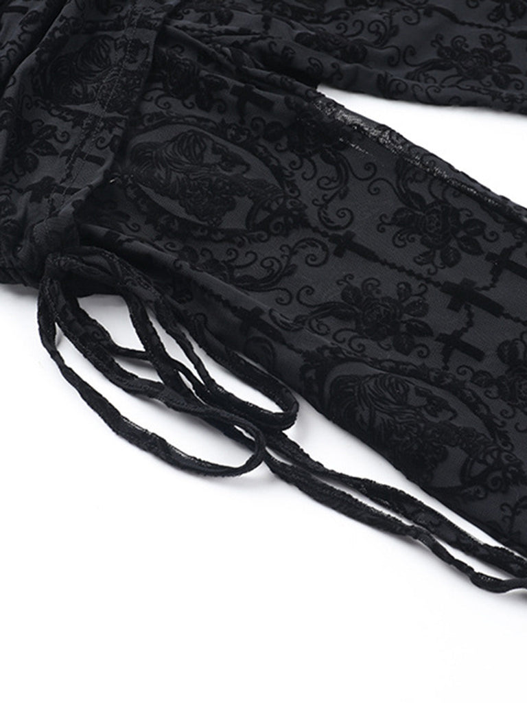 Pantalon évasé noir froncé avec effet jupe en dentelle années 1970