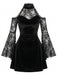 Robe mini noire en velours et dentelle à épaules dénudées et manches cloche Années 1960