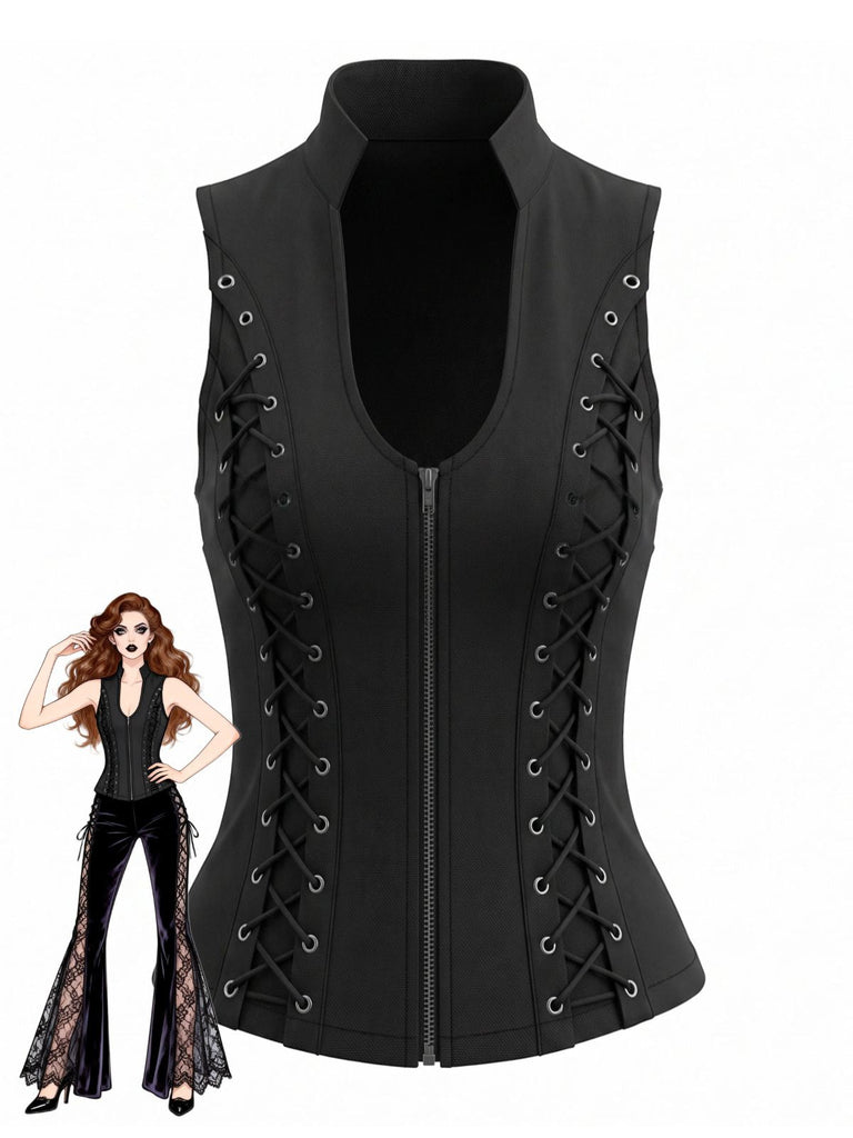 Gilet corset gothique noir à col montant et laçage latéral années 1970