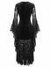 Robe gothique noire en velours à manches chauve-souris et empiècements en dentelle années 1970