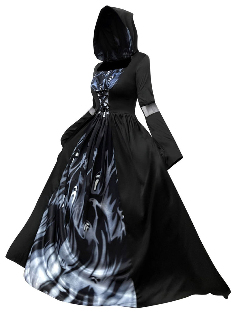 Robe noire d’Halloween à capuche fantôme et manches cloche années 1950