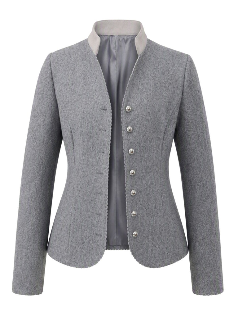 Veste grise à col montant, bordure zigzag et taille cintrée années 1950