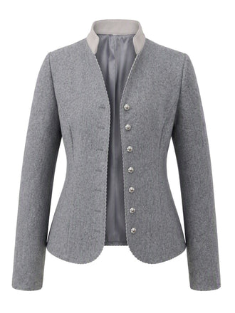 Veste grise à col montant, bordure zigzag et taille cintrée années 1950