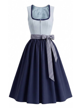 Robe bleue florale à col carré avec tablier Années 1950