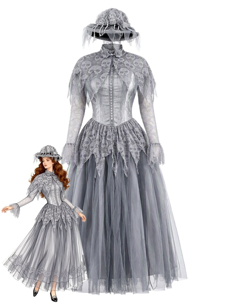 Robe longue gothique victorienne grise en dentelle, cape et tulle années 1940