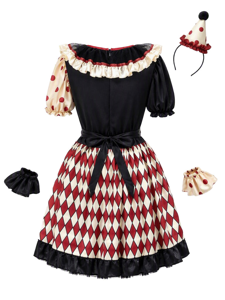 Robe de clown à pois et manches bouffantes pour Halloween années 1950