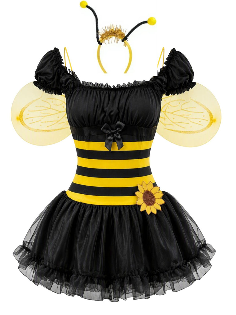 Ensemble costume 5PCS jaune et noir d'abeille pour cosplay Halloween Années 1950