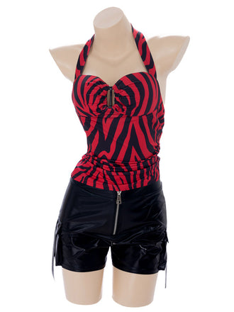 Ensemble 2PCS dos nu à rayures zèbre avec top ajouré et short en cuir Années 1940