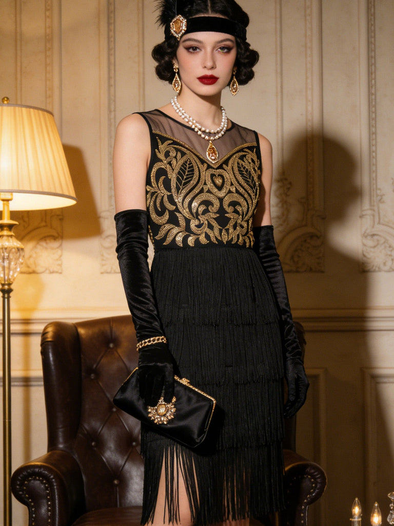 Robe charleston noire et dorée à perles, sequins et franges années 1920