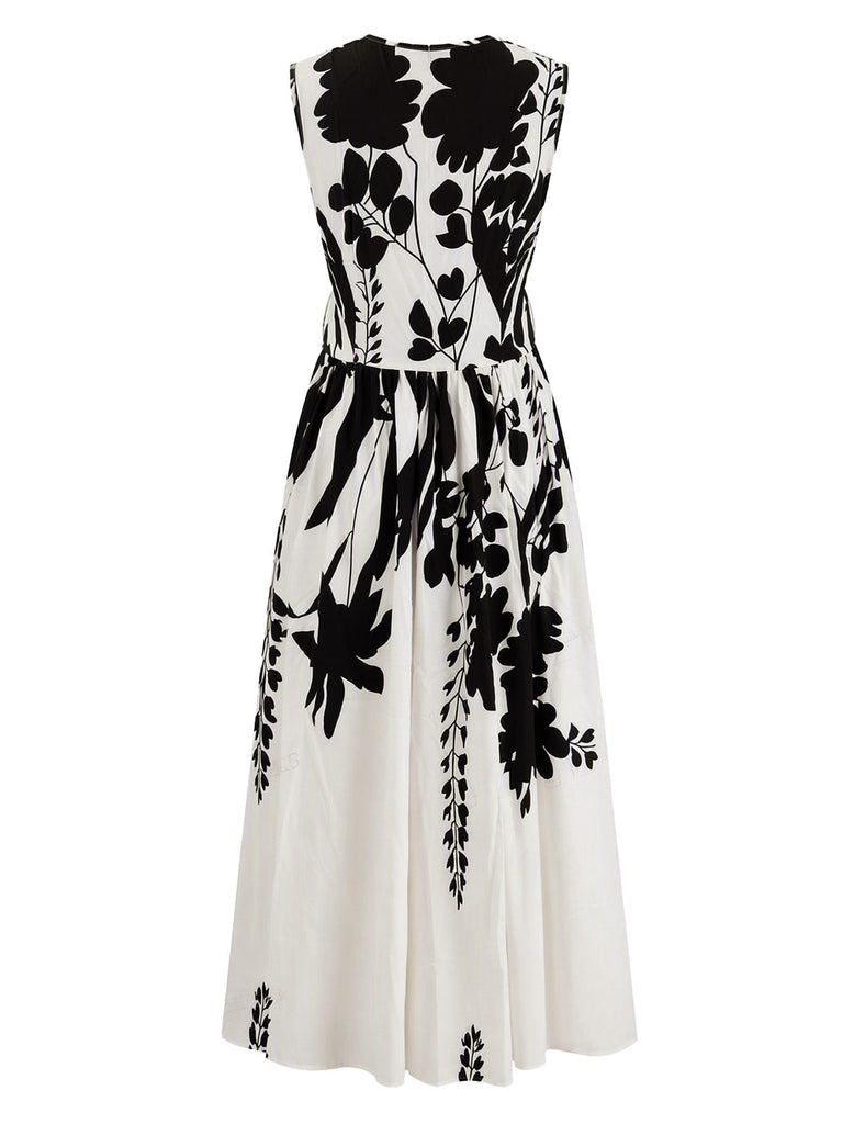 Robe midi beige fleurie sans manches à col V années 1940 - 2
