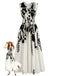 Robe midi beige sans manches col V et motif floral années 1940