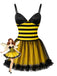 Robe jaune et noire rayée à empiècements en tulle et motif abeille pour Halloween années 1950