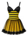 Robe jaune et noire rayée à empiècements en tulle et motif abeille pour Halloween années 1950