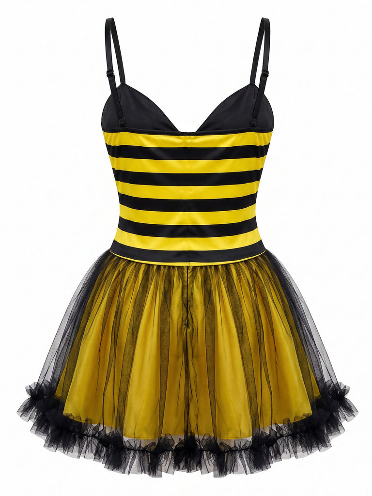 Robe jaune et noire rayée à empiècements en tulle et motif abeille pour Halloween années 1950