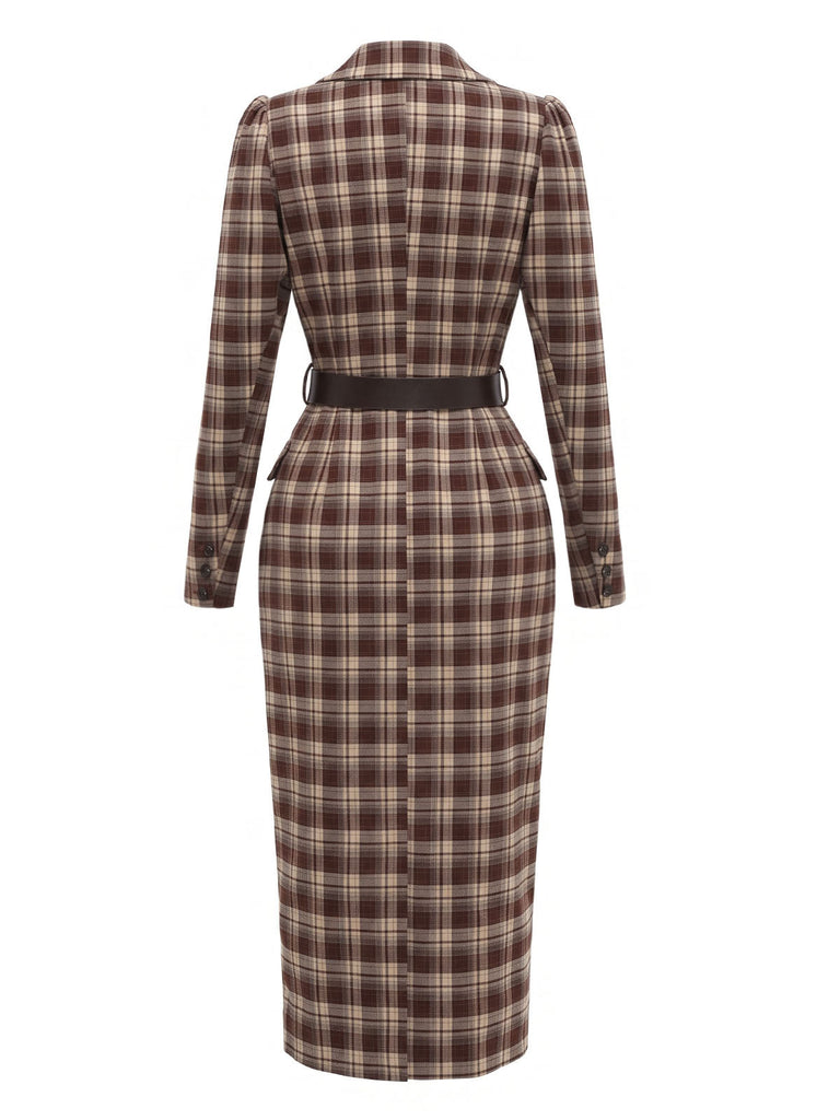 [Prévente] Manteau-robe marron à carreaux et revers crantés années 1970 - 4