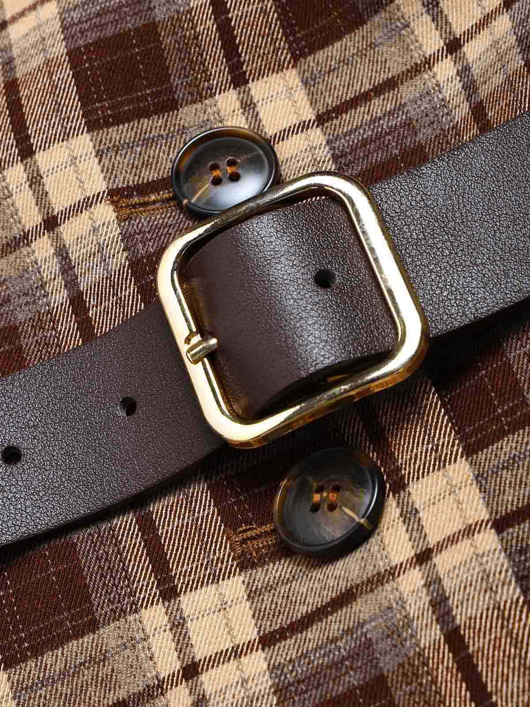 [Prévente] Manteau-robe marron à carreaux et revers crantés années 1970 - 6