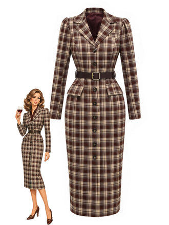 [Prévente] Manteau-robe marron à carreaux et revers crantés années 1970 - 1