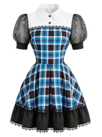 [Prévente] Robe courte à carreaux, col Claudine et manches bouffantes années 1950