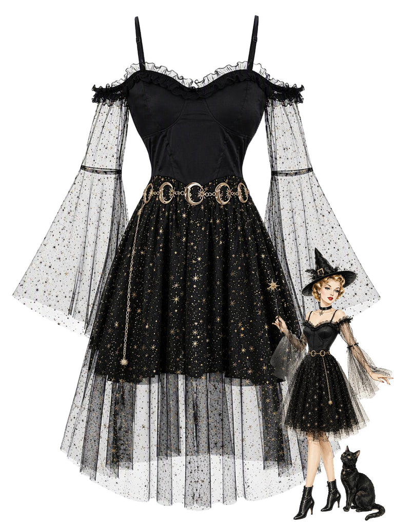 [Prévente] Robe noire en tulle céleste à épaules dénudées et manches cloche années 1950