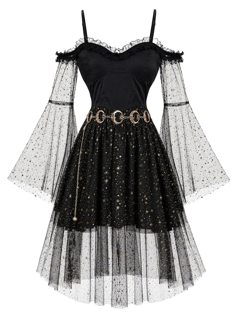 [Prévente] Robe noire en tulle céleste à épaules dénudées et manches cloche années 1950
