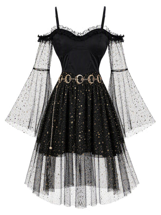 [Prévente] Robe noire en tulle céleste à épaules dénudées et manches cloche années 1950