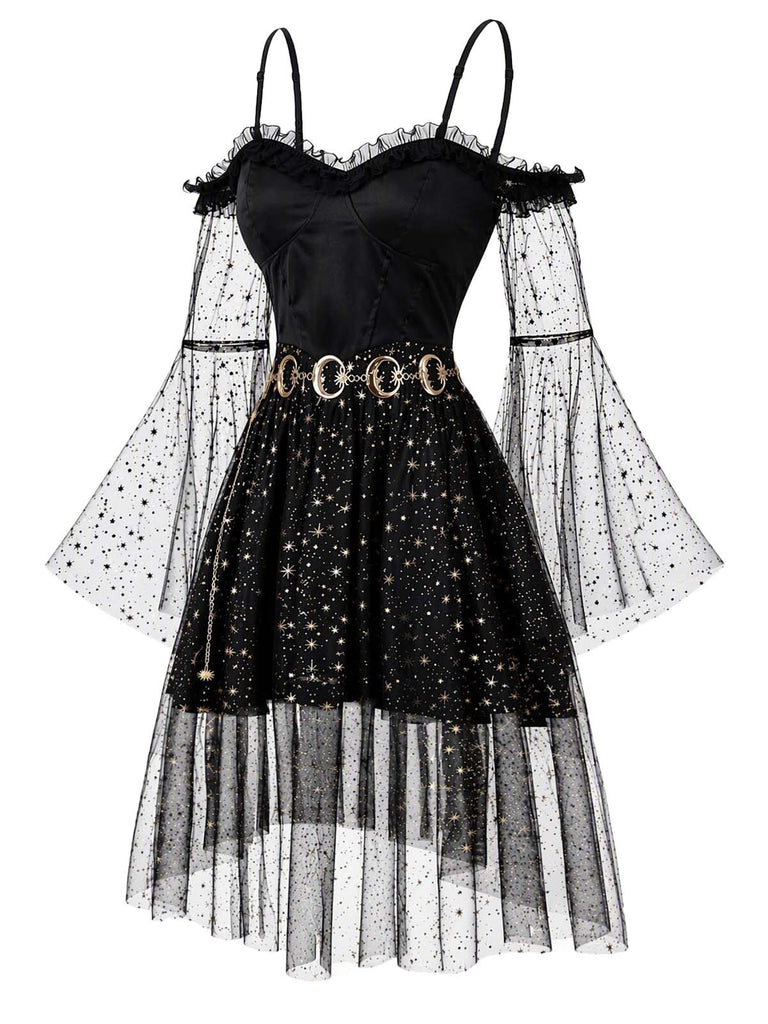 [Prévente] Robe noire en tulle céleste à épaules dénudées et manches cloche années 1950