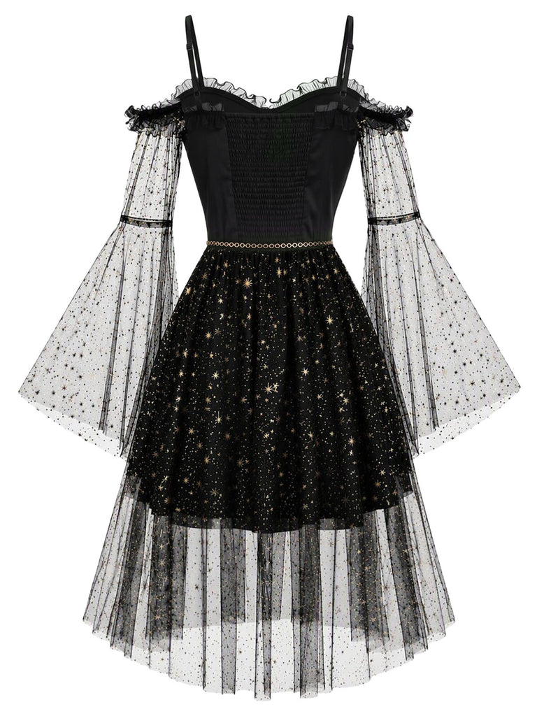 [Prévente] Robe noire en tulle céleste à épaules dénudées et manches cloche années 1950