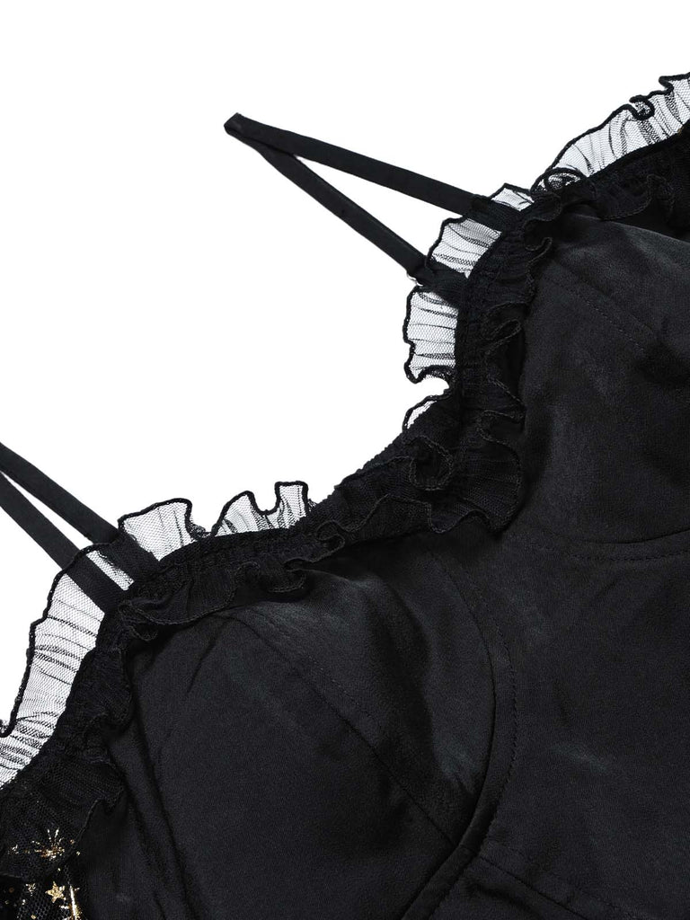 [Prévente] Robe noire en tulle céleste à épaules dénudées et manches cloche années 1950
