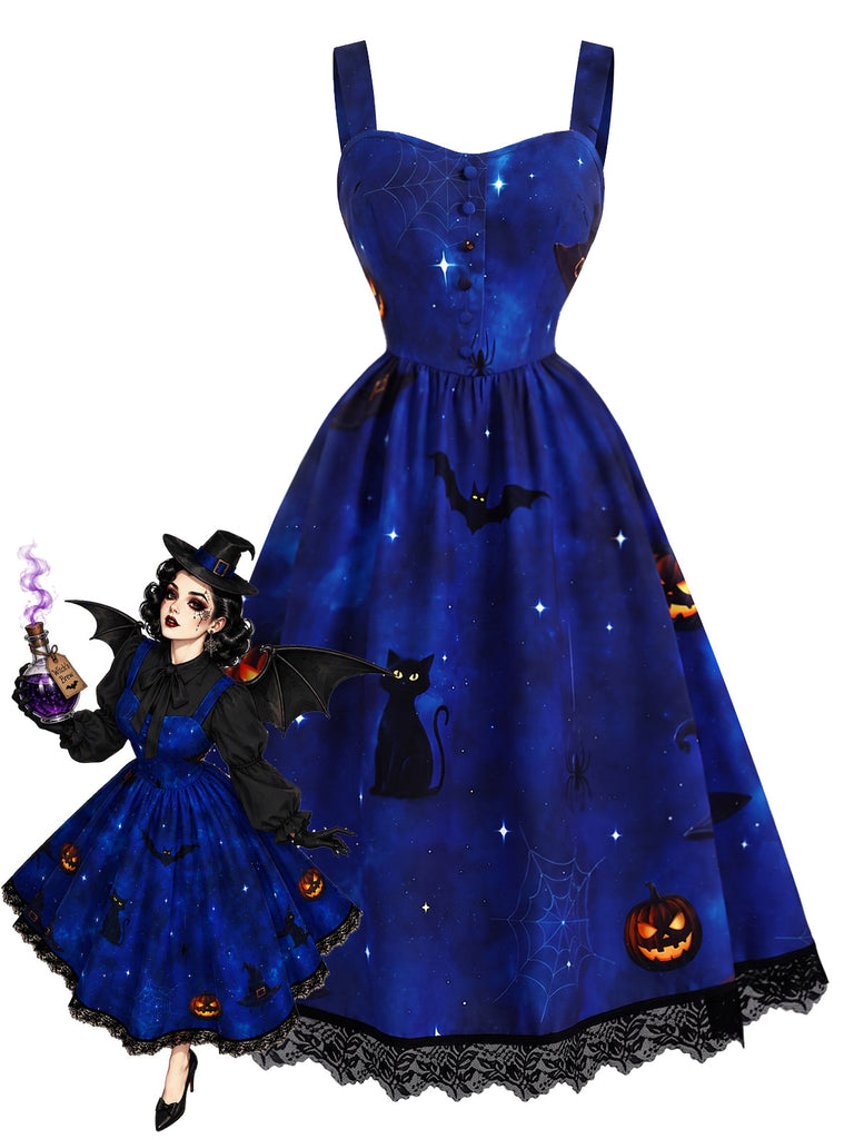 [Prévente] Robe chasuble d’Halloween à imprimé chats et citrouilles et ourlet dentelle années 1940