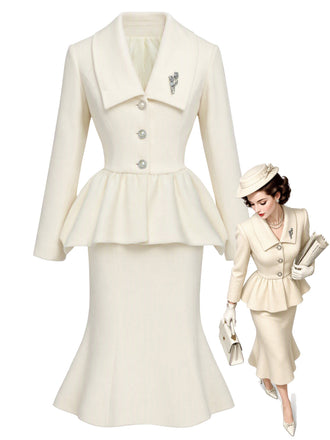 [Prévente] Ensemble deux pièces uni, manteau à col V et boutons et jupe sirène années 1940 - 1
