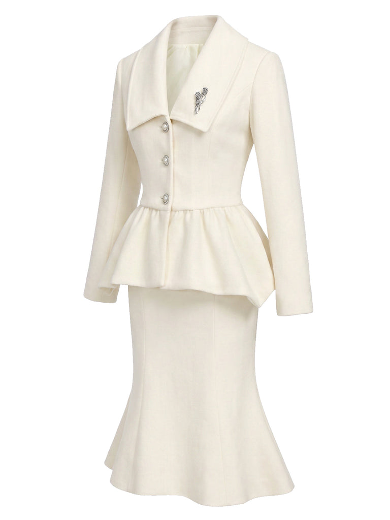 [Prévente] Ensemble deux pièces uni, manteau à col V et boutons et jupe sirène années 1940 - 3