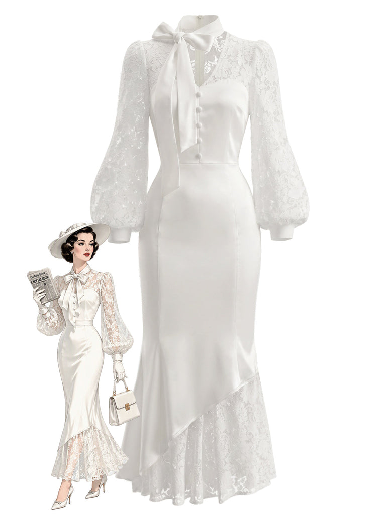 [Prévente] Robe sirène blanche en satin à nœud, dentelle et manches bouffantes années 1930