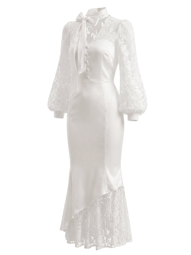[Prévente] Robe sirène blanche en satin à nœud, dentelle et manches bouffantes années 1930