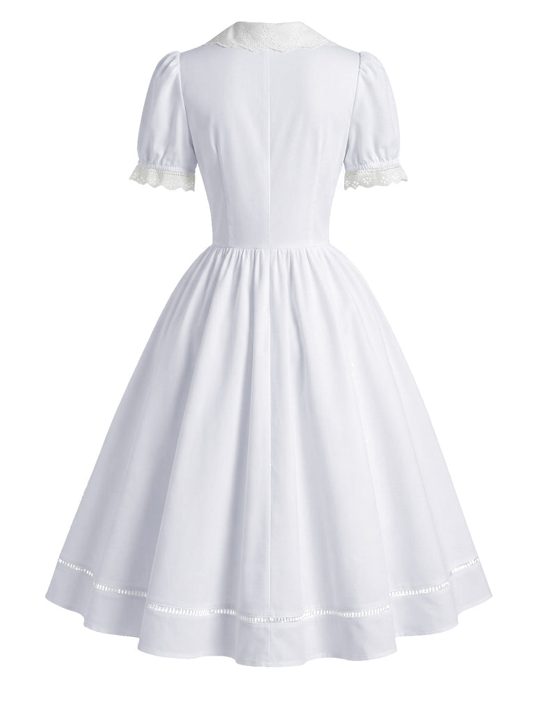 [Prévente] Robe blanche unie en dentelle à col V et nœud Années 1950 - 4